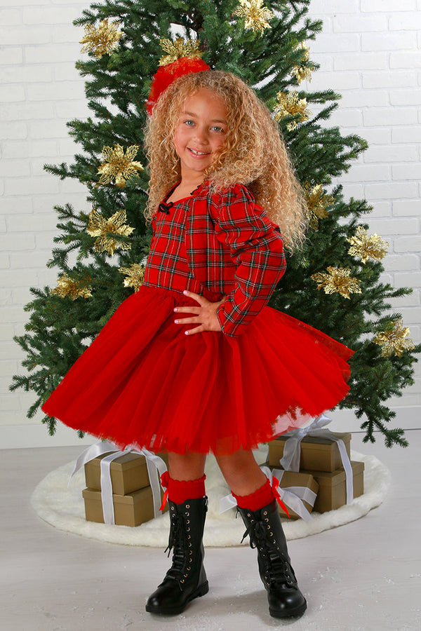 Girls’ Plaid Sophie Christmas Dress with Red Tulle Skirt 12M-14